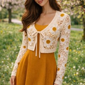 Crochet Daisy Tie-Front Cardigan in Cream with Mustard Accents